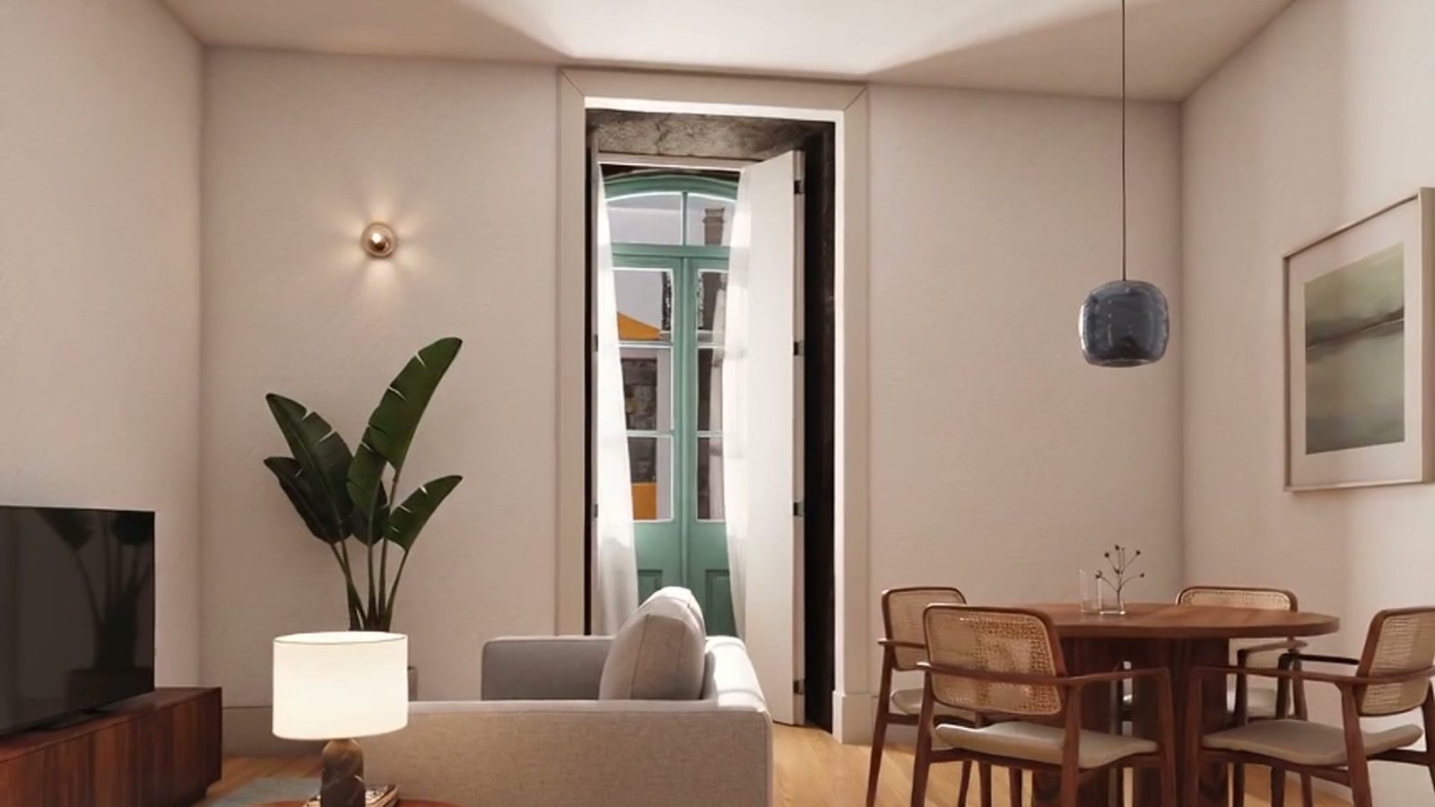 Sala com porta de sacada em madeira