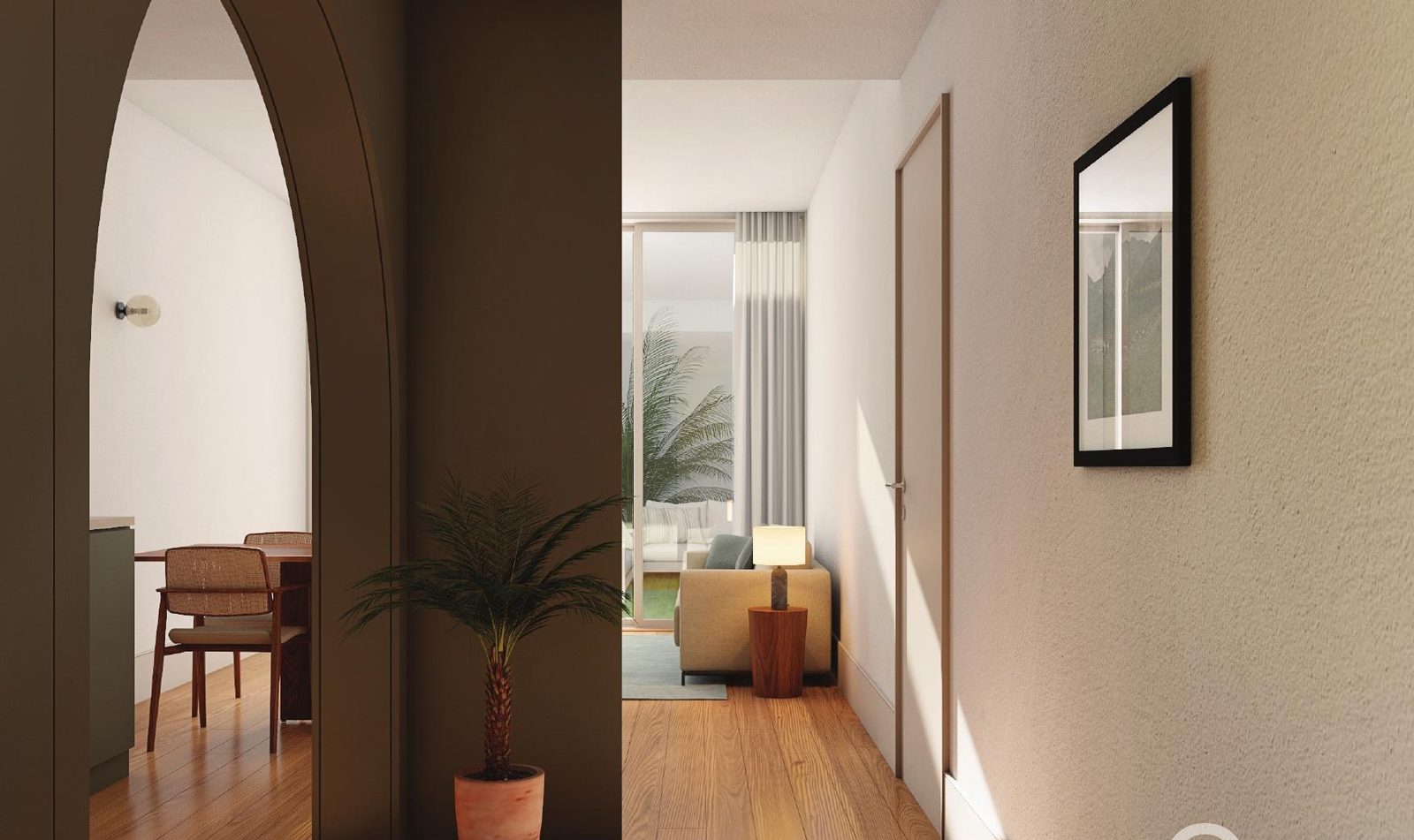 Hall interior com arco e pé-direito alto