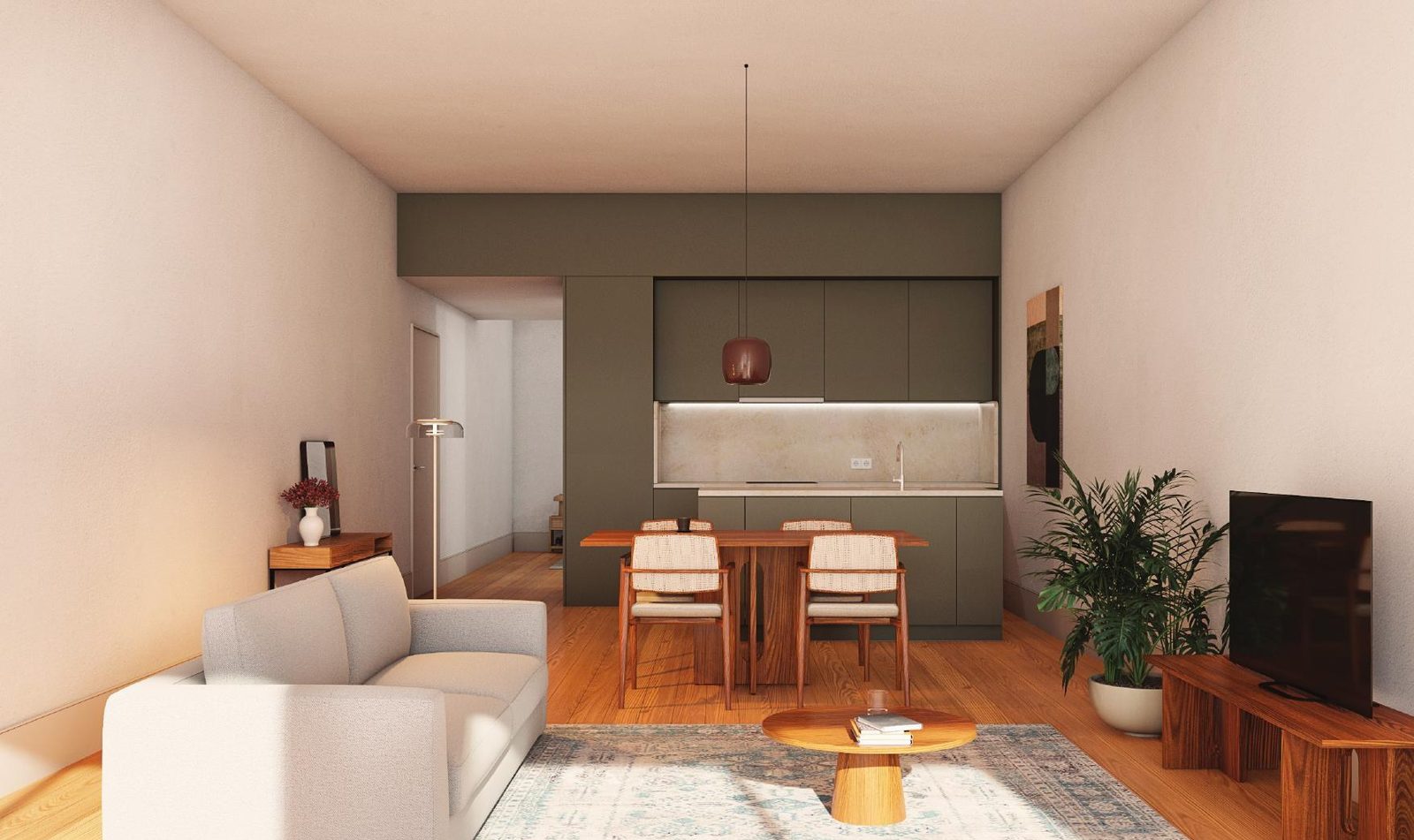 Sala com cozinha aberta em tons verde-oliva